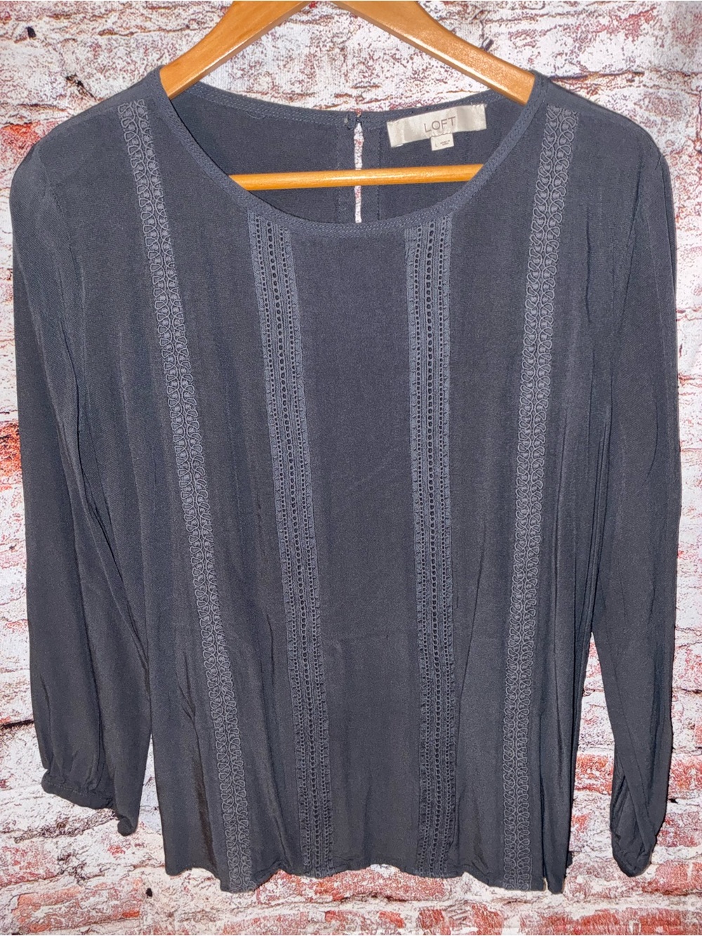 LOFT Black Long-Sleeve Blouse with Lace-Trim Panels